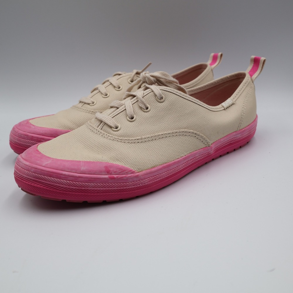 Keds Womens Canvas Low Top Sneakers Beige Pink Rubber Toe Lace Up Shoes Size 7.5